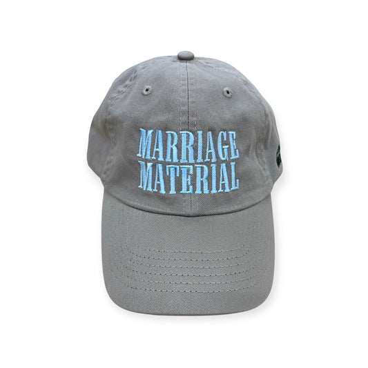 Front view of Marriage Material embroidered cap by Horizon Hat Co. in gray/light blue lettering showing marriage material front embroidery