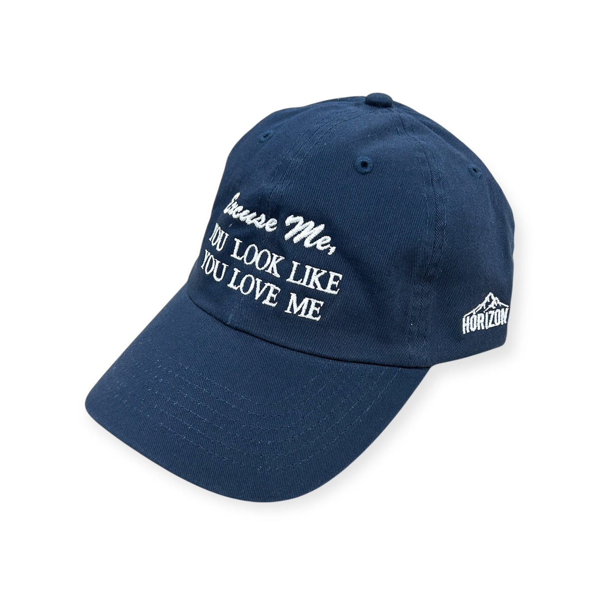 Angled view of Excuse Me, You Look Like You Love Me embroidered cap by Horizon Hat Co. in navy showing the bill and side panels