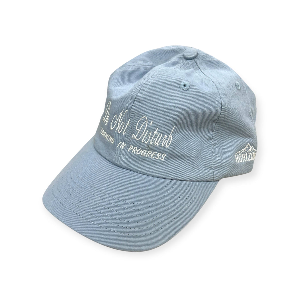 Angled view of Do Not Disturb, Tanning in Progress embroidered cap by Horizon Hat Co. in blue showing the bill and side panels