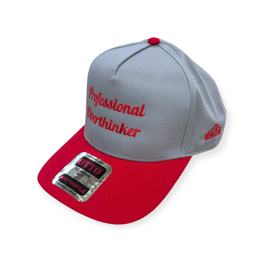 Angled view of Professional Overthinker embroidered cap by Horizon Hat Co. in gray/red showing the bill and side panels