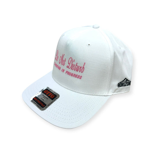 Angled view of Do Not Disturb, Tanning in Progress embroidered cap by Horizon Hat Co. in white showing the bill and side panels