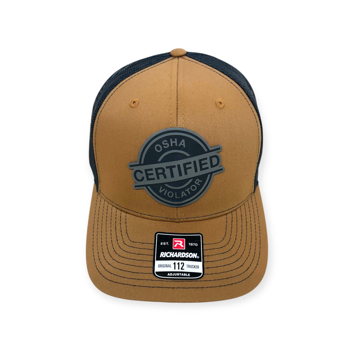 Front view of Osha Violator patch hat by Horizon Hat Co. in caramel/black showing workplace-humor patch reading certified osha violator