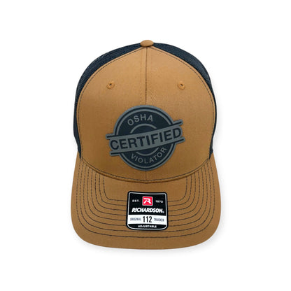 Front view of Osha Violator patch hat by Horizon Hat Co. in caramel/black showing workplace-humor patch reading certified osha violator