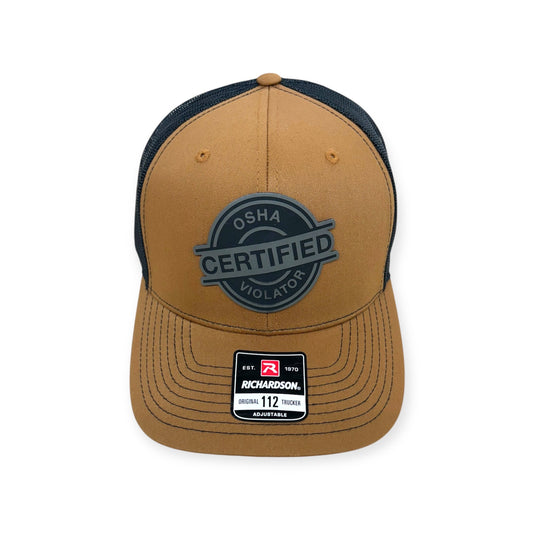Front view of Osha Violator patch hat by Horizon Hat Co. in caramel/black showing workplace-humor patch reading certified osha violator