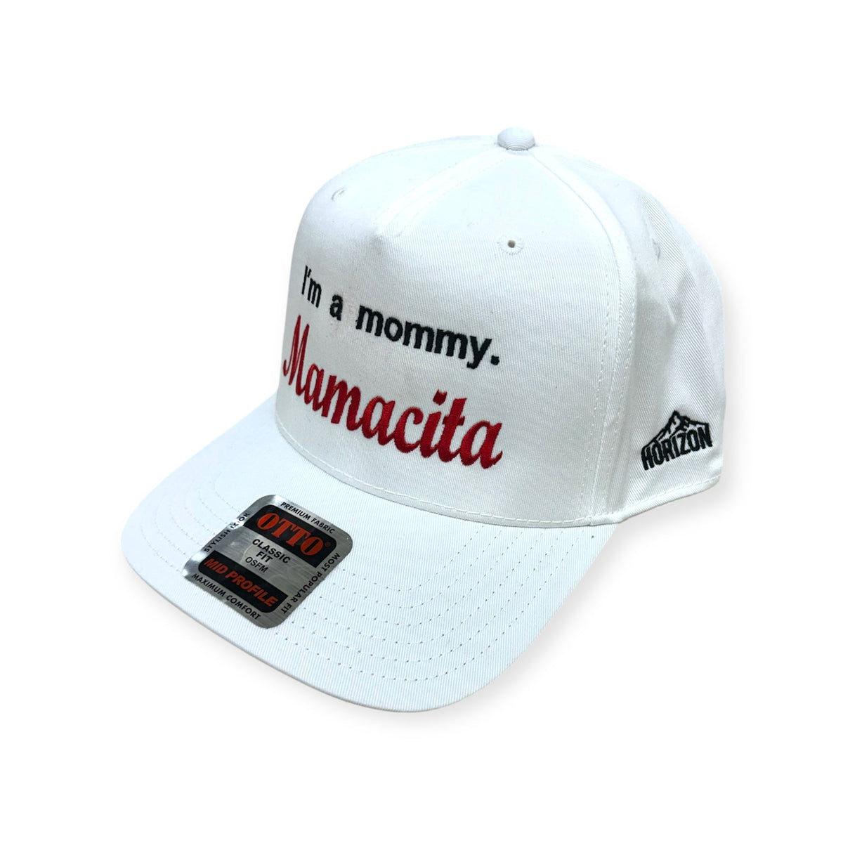 Angled view of Mommy Mamacita embroidered cap by Horizon Hat Co. in white showing the bill and side panels