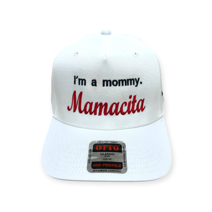 Front view of Mommy Mamacita embroidered cap by Horizon Hat Co. in white showing black and red mommy mamacita front embroidery