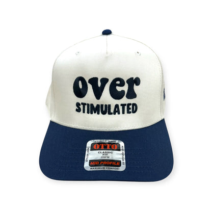 Natural and navy Overstimulated cap by Horizon Hat Co., front view
