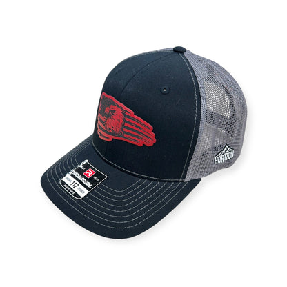 Angled view of American Flag Eagle patch hat by Horizon Hat Co. in black/charcoal showing the bill and side panels