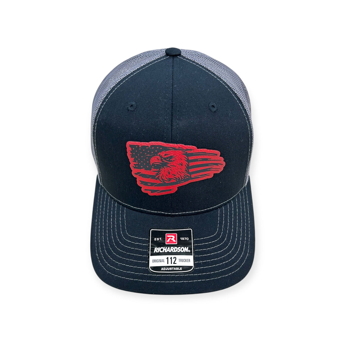 Front view of American Flag Eagle patch hat by Horizon Hat Co. in black/charcoal showing american flag and eagle patch artwork