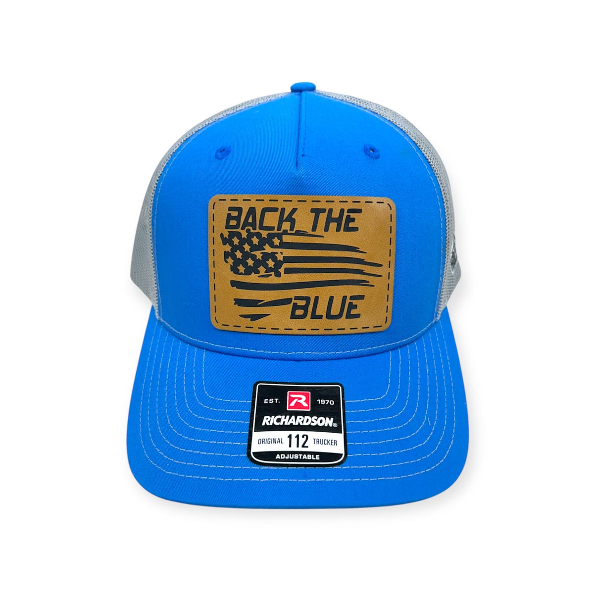Front view of Back the Blue patch hat by Horizon Hat Co. in blue/gray showing u.s.-flag-inspired back the blue support patch