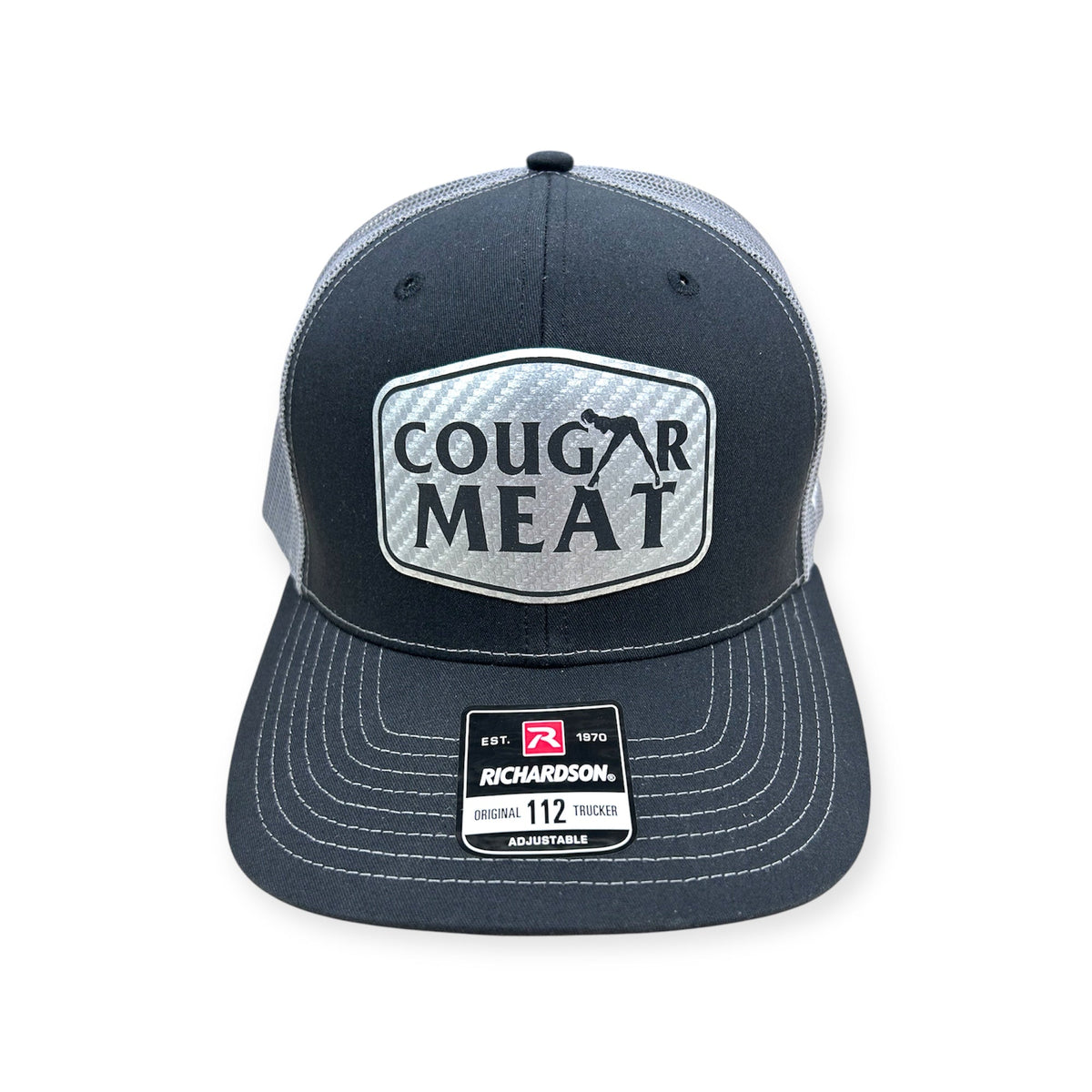 Front view of Cougar Meat patch hat by Horizon Hat Co. in black/gray showing adult-humor cougar meat patch