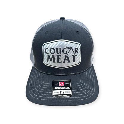 Front view of Cougar Meat patch hat by Horizon Hat Co. in black/gray showing adult-humor cougar meat patch