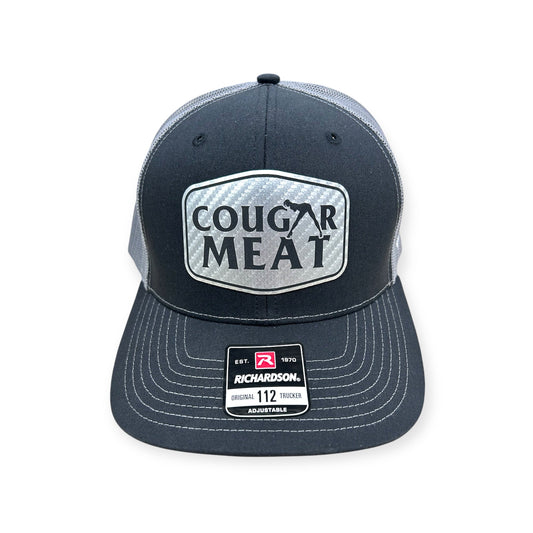 Front view of Cougar Meat patch hat by Horizon Hat Co. in black/gray showing adult-humor cougar meat patch