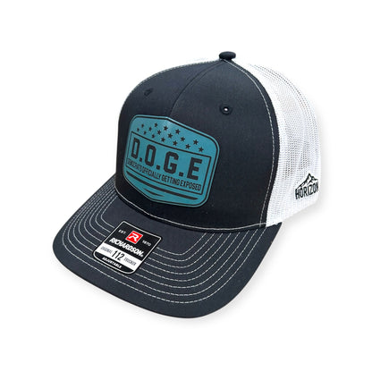 Angled view of D.O.G.E. patch hat by Horizon Hat Co. in black/white showing the curved bill and side panels