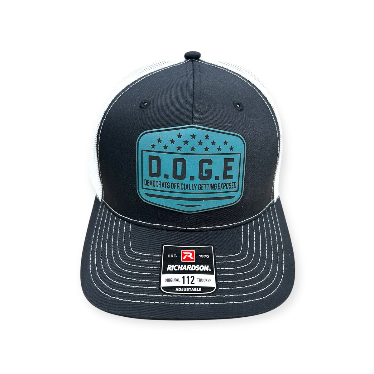 Front view of D.O.G.E. patch hat by Horizon Hat Co. in black/white showing d.o.g.e. political-humor patch