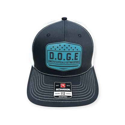 Front view of D.O.G.E. patch hat by Horizon Hat Co. in black/white showing d.o.g.e. political-humor patch