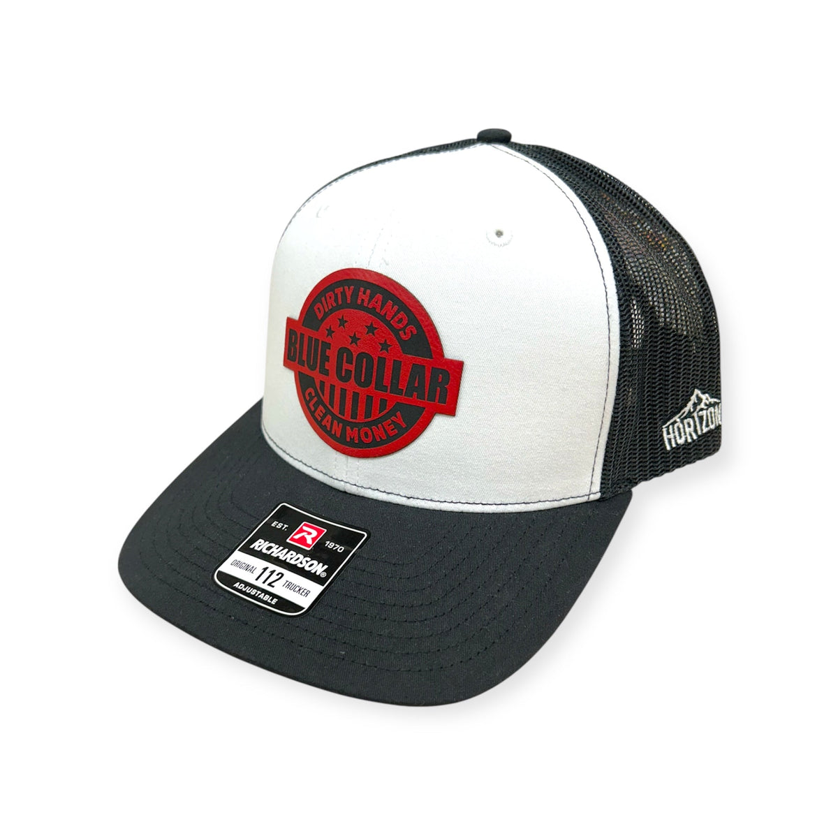Angled view of Blue Collar patch hat by Horizon Hat Co. in white/black showing the curved bill and side panels