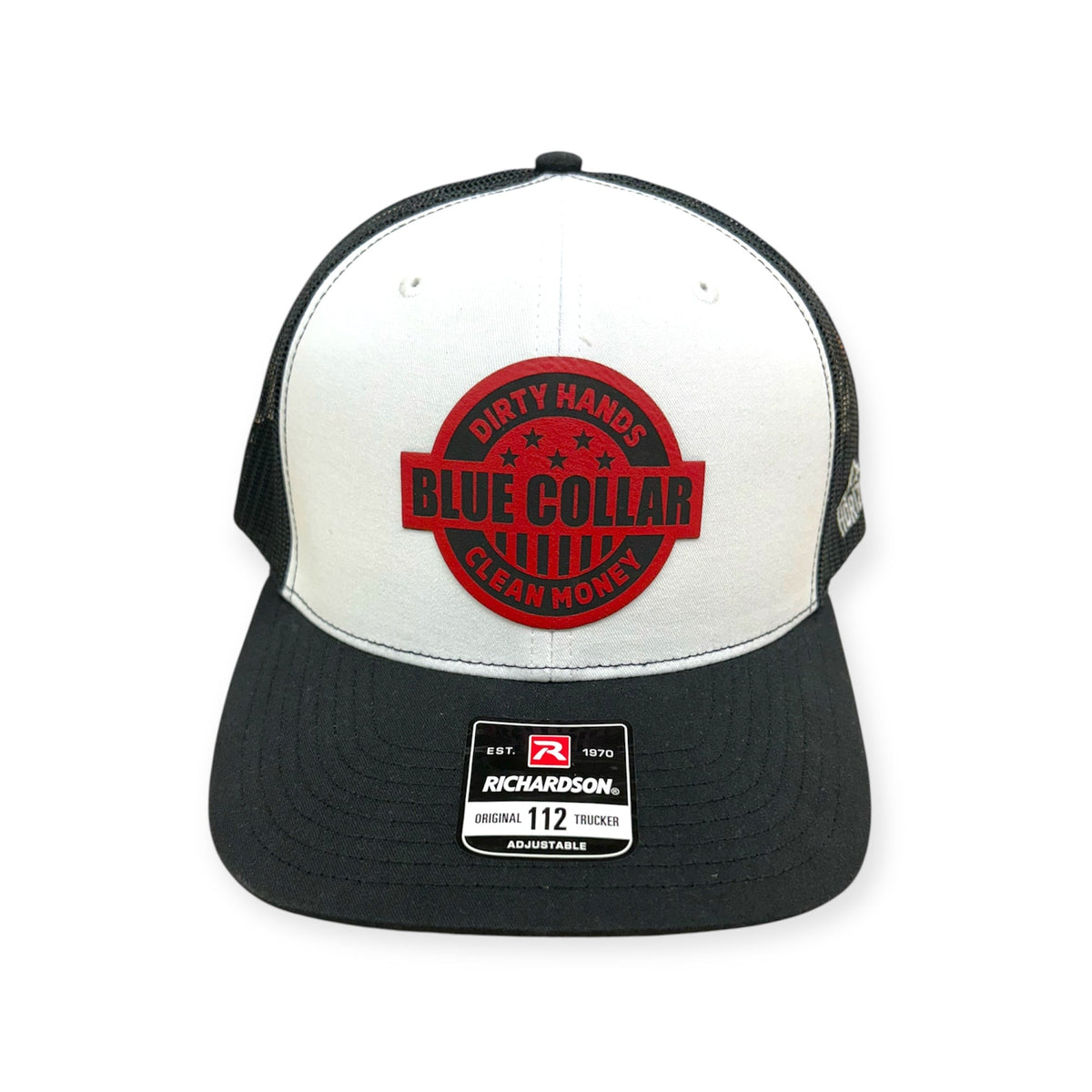 Front view of Blue Collar patch hat by Horizon Hat Co. in white/black showing blue-collar design with dirty hands, clean money wording