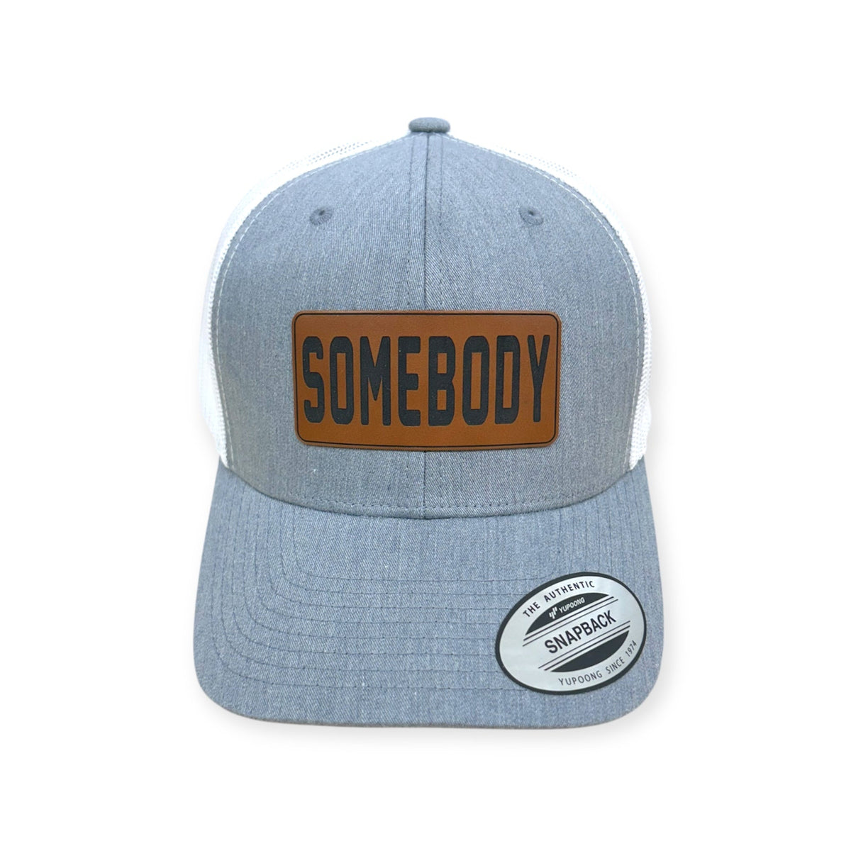 Front view of Somebody patch hat by Horizon Hat Co. in heather gray/white showing somebody rectangular front patch