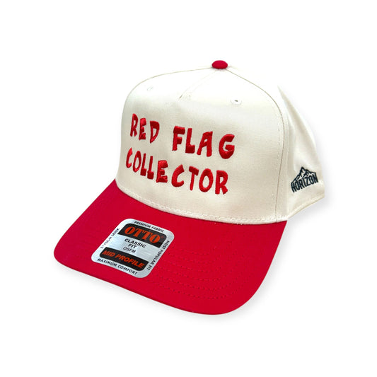 Angled view of Red Flag Collector embroidered cap by Horizon Hat Co. in natural/red showing the bill and side panels