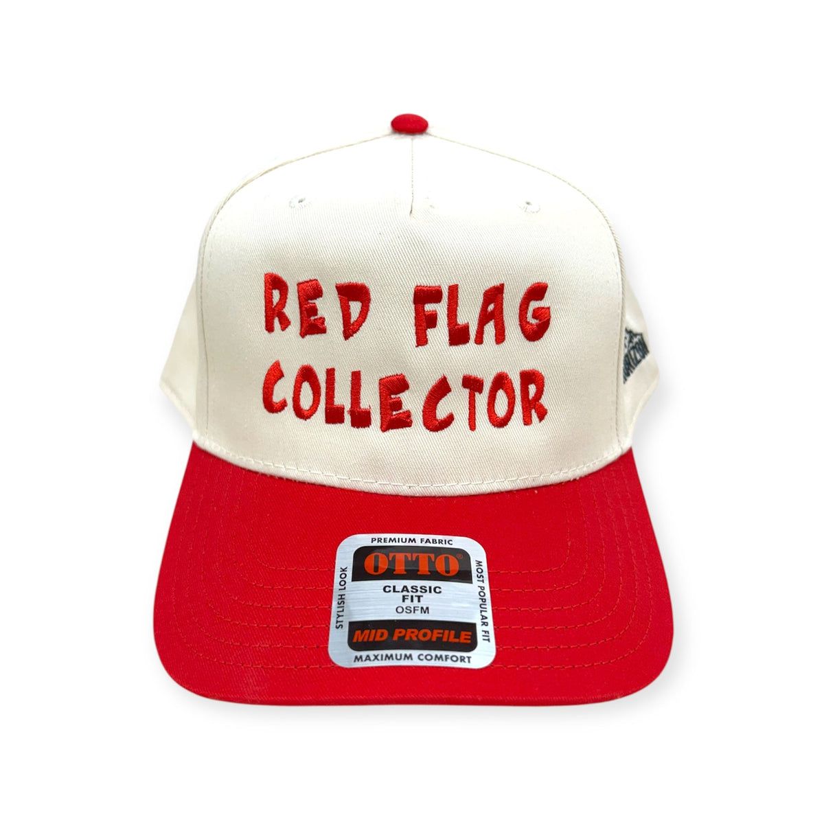 Front view of Red Flag Collector embroidered cap by Horizon Hat Co. in natural/red showing red flag collector lettering in red embroidery