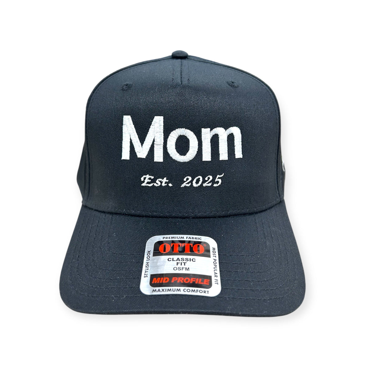 Front view of Mom EST. 2025 embroidered cap by Horizon Hat Co. in navy/white lettering showing mom est. 2025 front embroidery
