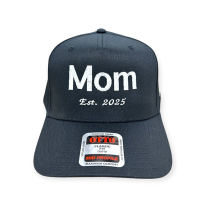 Front view of Mom EST. 2025 embroidered cap by Horizon Hat Co. in navy/white lettering showing mom est. 2025 front embroidery
