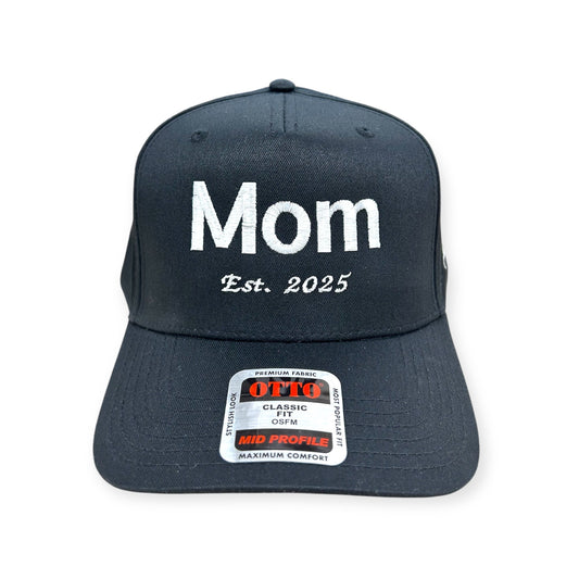 Front view of Mom EST. 2025 embroidered cap by Horizon Hat Co. in navy/white lettering showing mom est. 2025 front embroidery
