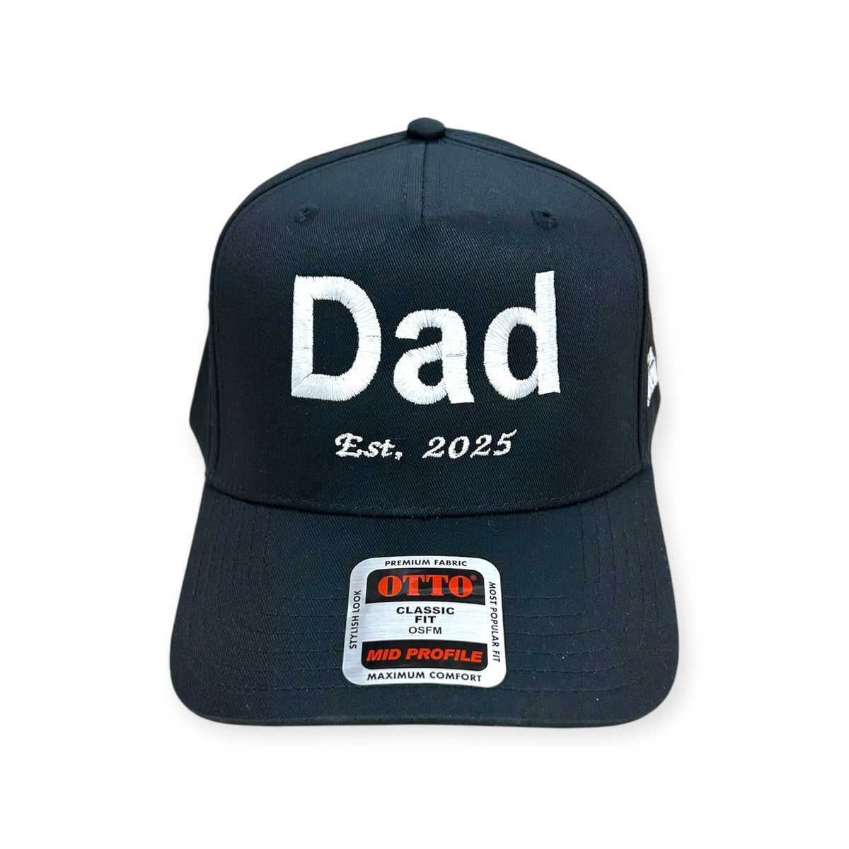 Front view of Dad EST. 2025 embroidered cap by Horizon Hat Co. in navy/white showing dad est. 2025 front embroidery