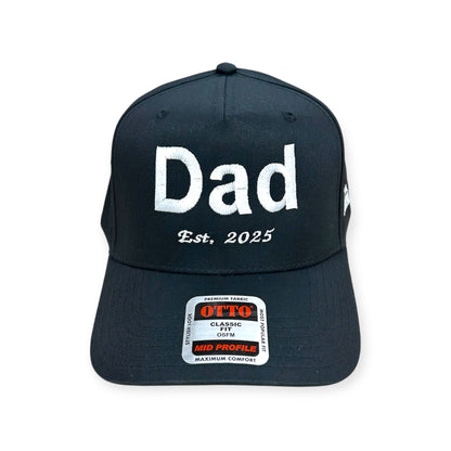 Front view of Dad EST. 2025 embroidered cap by Horizon Hat Co. in navy/white showing dad est. 2025 front embroidery