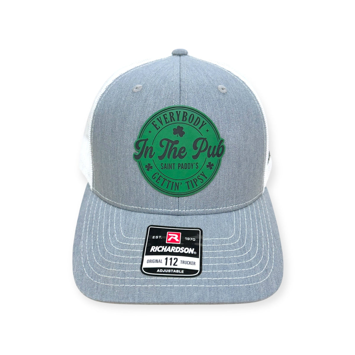 Front view of Everybody In The Pub Gettin Tipsy patch hat by Horizon Hat Co. in heather gray/white showing laser-etched green leather st. patrick's day patch