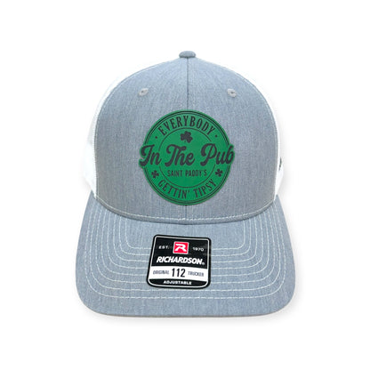 Front view of Everybody In The Pub Gettin Tipsy patch hat by Horizon Hat Co. in heather gray/white showing laser-etched green leather st. patrick's day patch