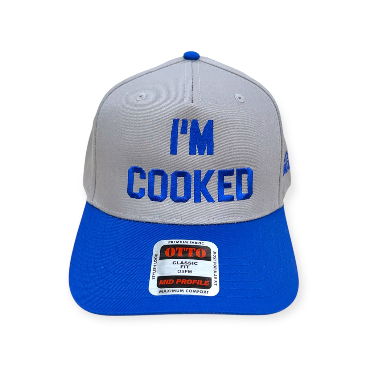 Front view of I'm Cooked embroidered cap by Horizon Hat Co. in gray/blue showing i'm cooked front embroidery