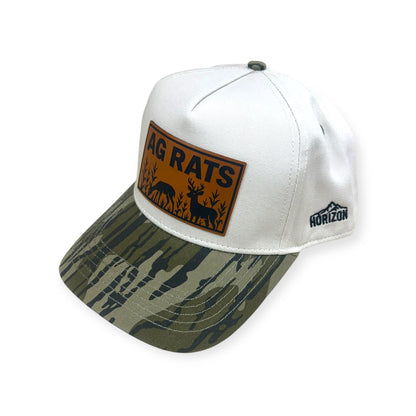 Angled view of AG RATS patch hat by Horizon Hat Co. in white/mossy oak bottomland showing the bill and side panels