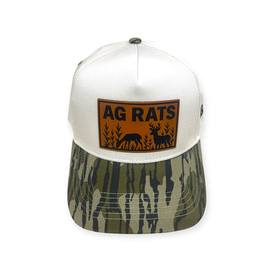 Front view of AG RATS patch hat by Horizon Hat Co. in white/mossy oak bottomland showing deer feeding in a crop field with ag rats lettering