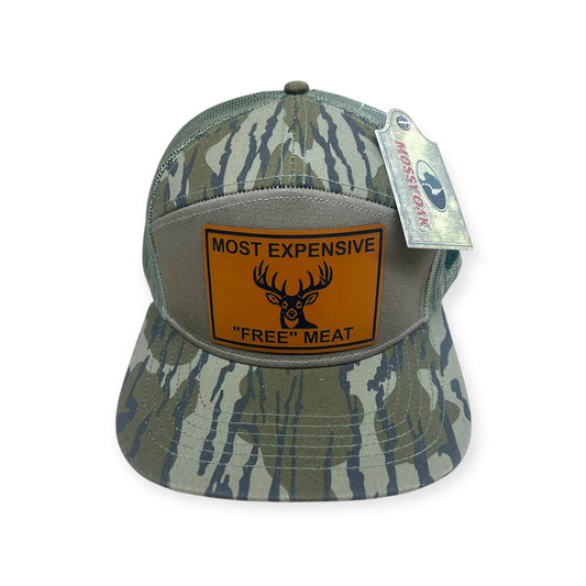 Front view of Most Expensive Free Meat patch hat by Horizon Hat Co. in camouflage showing most expensive free meat deer-themed front patch