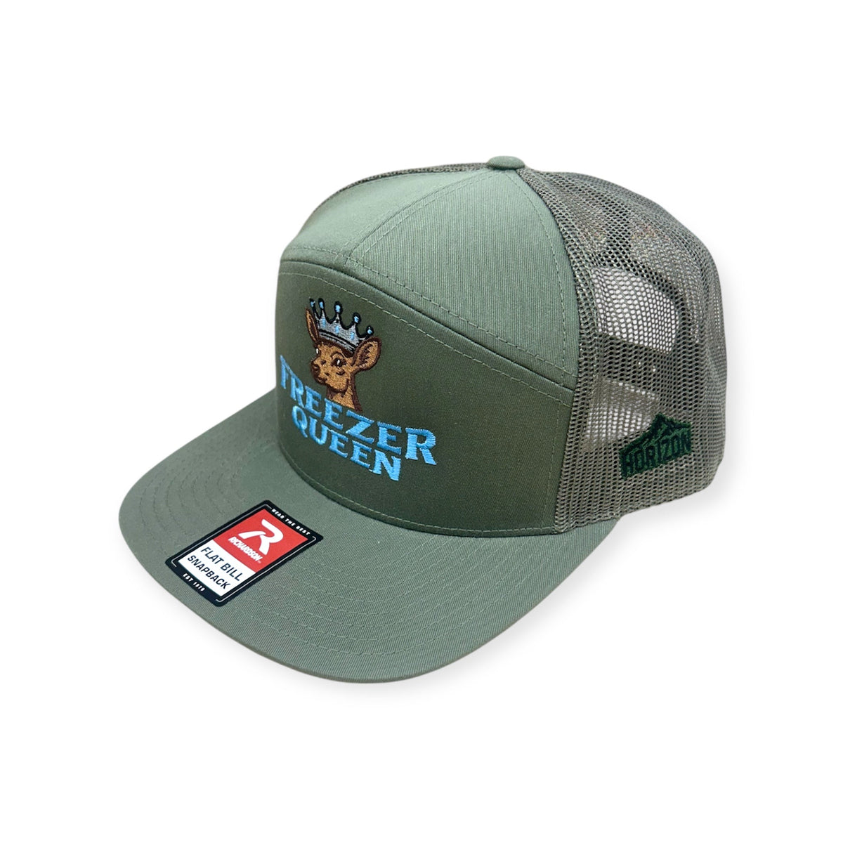 Angled view of Freezer Queen embroidered cap by Horizon Hat Co. in loden/black showing the bill and side panels