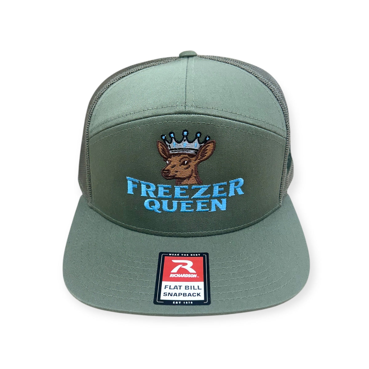 Front view of Freezer Queen embroidered cap by Horizon Hat Co. in loden/black showing blue freezer queen embroidery and crowned doe artwork