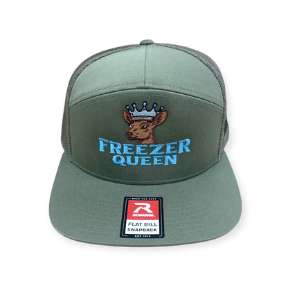 Front view of Freezer Queen embroidered cap by Horizon Hat Co. in loden/black showing blue freezer queen embroidery and crowned doe artwork