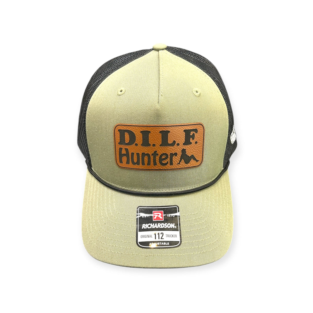 Front view of DILF Hunter patch hat by Horizon Hat Co. in loden/black showing dilf hunter front patch and rope detail