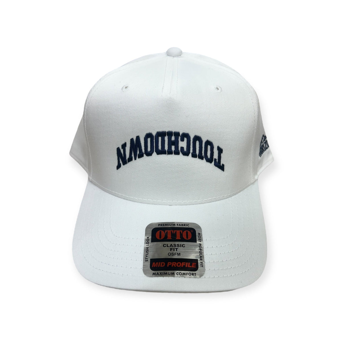 Front view of Touchdown cap by Horizon Hat Co. in White/Navy showing upside-down touchdown front embroidery