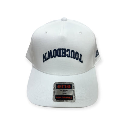 Front view of Touchdown cap by Horizon Hat Co. in White/Navy showing upside-down touchdown front embroidery