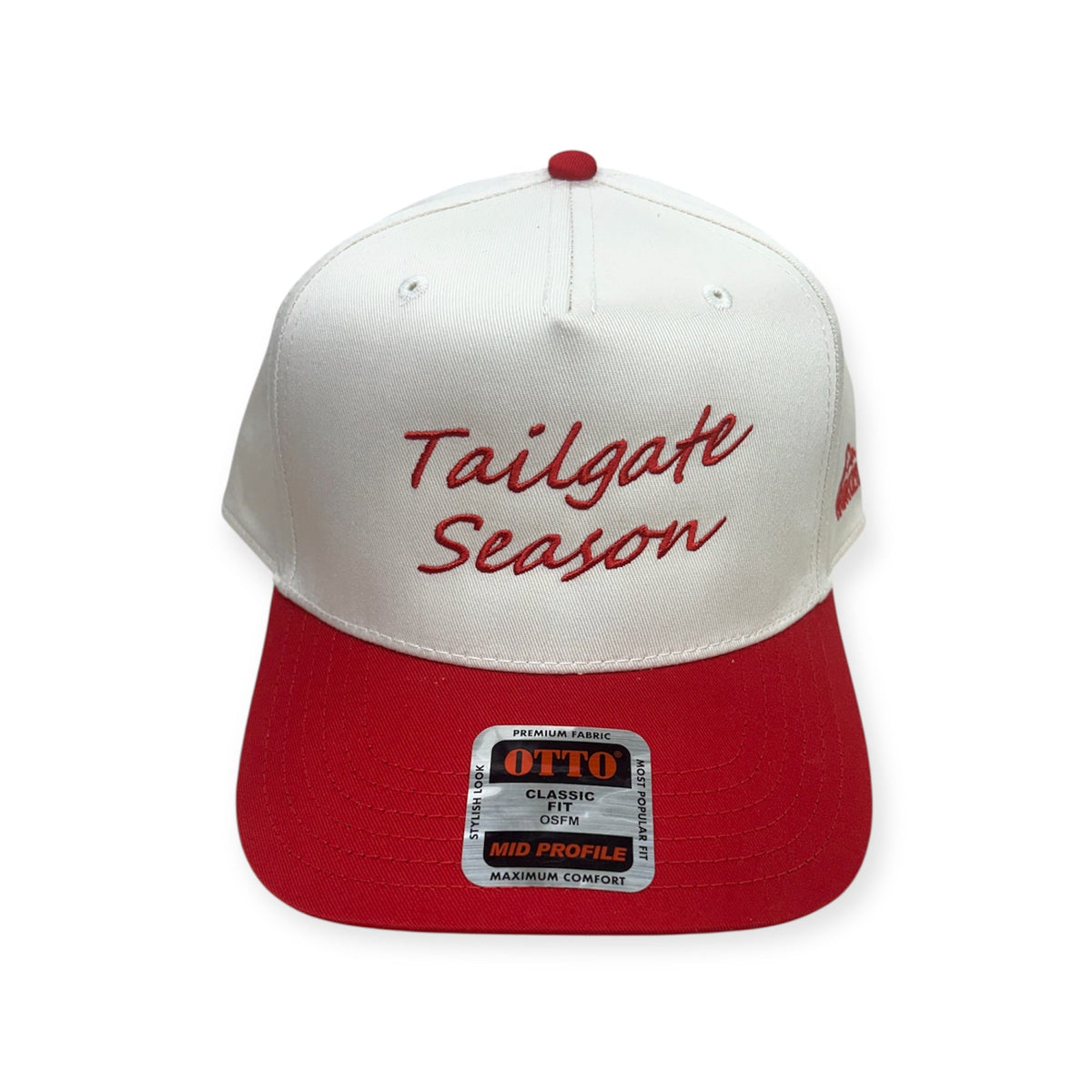 Front view of Tailgate Season embroidered cap by Horizon Hat Co. in red/natural showing tailgate season script embroidery