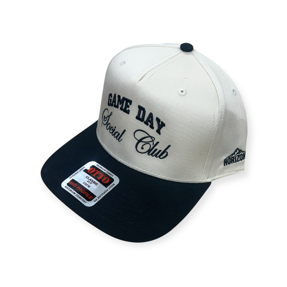 Angled view of Game Day Social Club embroidered cap by Horizon Hat Co. in black/natural showing the bill and side panels