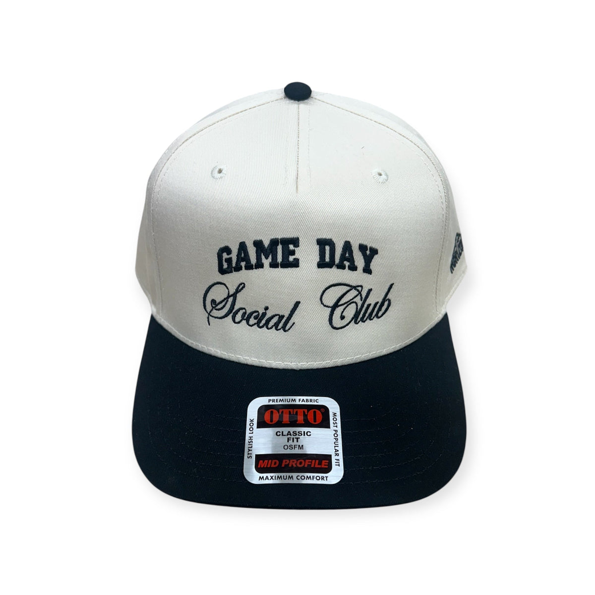 Front view of Game Day Social Club embroidered cap by Horizon Hat Co. in black/natural showing game day social club front embroidery
