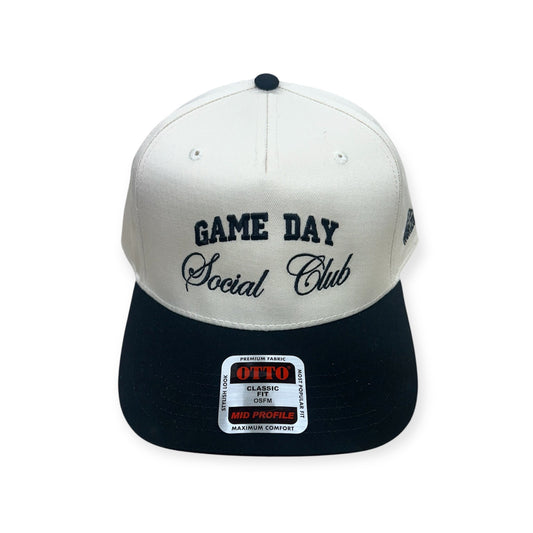Front view of Game Day Social Club embroidered cap by Horizon Hat Co. in black/natural showing game day social club front embroidery