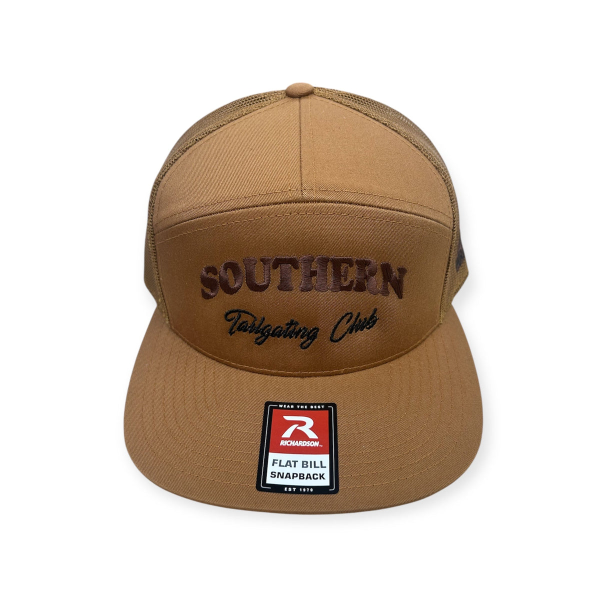 Front view of Southern Tailgating Club embroidered cap by Horizon Hat Co. in caramel/brown showing southern tailgating club front embroidery