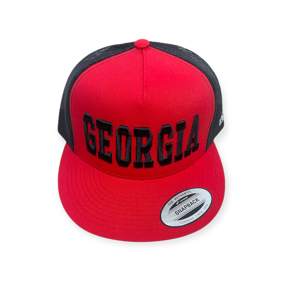 Front view of GEORGIA Vintage embroidered cap by Horizon Hat Co. in red/black showing bold georgia state-name embroidery