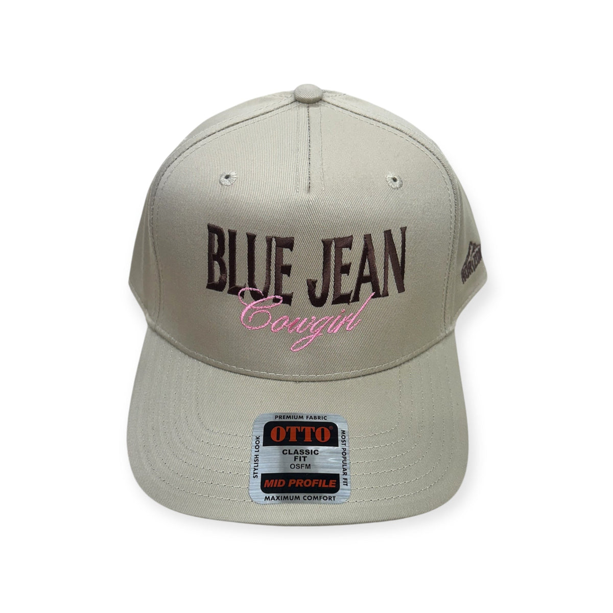 Front view of Blue Jean Cowgirl embroidered cap by Horizon Hat Co. in khaki showing blue jean cowgirl front embroidery