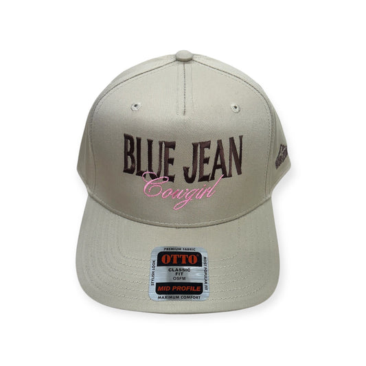 Front view of Blue Jean Cowgirl embroidered cap by Horizon Hat Co. in khaki showing blue jean cowgirl front embroidery